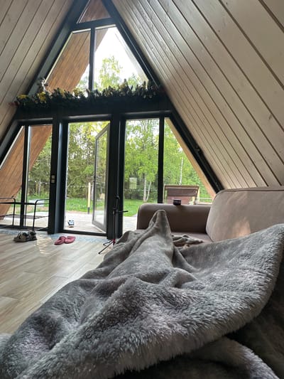 The image captures an interior scene, likely in Малеевка, Russia, given the provided context. The composition is dominated by a large window offering a view of lush greenery and trees. A gray blanket is draped over a couch in the foreground, obscuring part of the interior. A festive garland adorns the window frame. Shoes are placed on the floor near a shoe rack. The room has a wooden ceiling and walls.