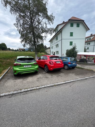 Three cars are parked in a gravel lot next to a paved road. The cars are, from left to right, a green Ford Focus, a red Fiat 500X, and a blue Renault Twingo. The license plates of the Ford and Fiat are visible. Behind the cars, a light blue apartment building with green shutters stands under a cloudy sky. A mature tree with dense foliage is positioned to the left of the cars. The environment appears to be a residential area in Tavannes, Switzerland.