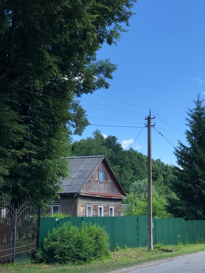 In the city of Izdeshkovo, Russia, a rustic wooden house with a corrugated roof stands behind a vibrant green metal fence. The house features several white-framed windows on its lower level and a small, triangular window under the gable. An ornate black metal gate, partially obscured by lush green bushes, is visible to the left of the fence. A wooden utility pole with visible wires runs along the right side of the frame, adjacent to the fence and a paved road. The background is dominated by a dense array of green trees under a clear blue sky with a few wispy clouds. The scene suggests a serene, rural setting.
