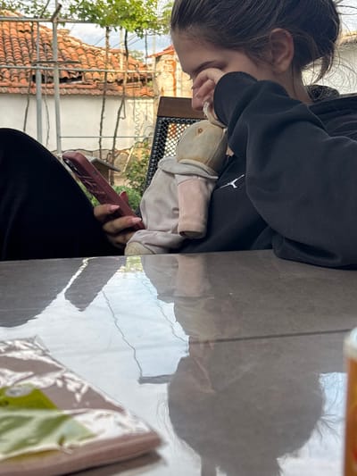 A person with dark hair, wearing a dark hoodie with a white logo, is seated and holds a doll in their lap. They are also holding a red phone in one hand. The scene is set in Novo Zhelezare, Bulgaria, as indicated by the architectural style of the building visible in the background. The exterior of a tiled roof building is visible through a metal railing and scaffolding. The setting appears to be outdoors, possibly on a patio or balcony, given the presence of a tiled surface. There is a reflection on the surface where the person is seated, obscuring the objects on the surface.