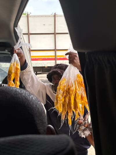 An individual is observed reaching into the open window of a vehicle, offering bags of yellow, chip-like food items wrapped in clear plastic. The person offering the items wears a dark cap, and a light-colored jacket with dark sleeves. The food items appear to be the primary focus of the scene. The image appears to have been taken from inside the vehicle, and the vehicle is parked next to a trailer. The location is the city of Gaga, Nigeria.