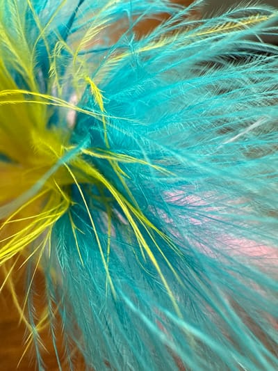 A close-up, macro shot captures a cluster of brightly colored feathers. The feathers are a vibrant mix of electric teal and lime green, with some hints of yellow. The texture appears soft and wispy, with individual barbs clearly visible. The background is softly blurred, showing a warm, reddish-brown surface, possibly wood, and a hint of pink in the mid-ground. The lighting creates a sense of depth and highlights the delicate structure of the feathers. There are no people, actions, or interactions visible in this image. The location information provided about Птицевод-2 Снт, Russia, is not visually discernible from the image itself.