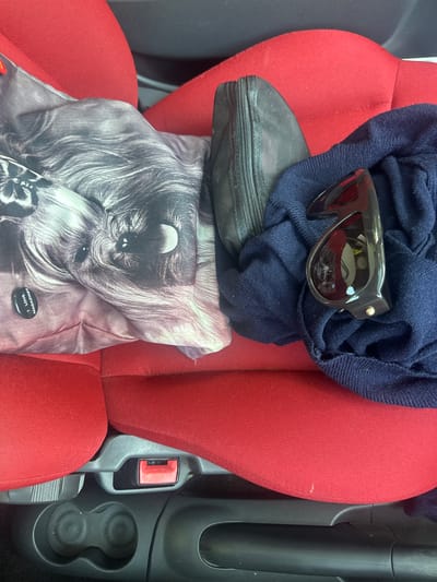 The image captures a collection of personal items resting on a red fabric passenger seat inside a vehicle, likely a car. A dark blue, knitted garment is draped towards the upper left, partially covering a black zippered pouch or case. On top of the blue garment, a pair of black, aviator-style sunglasses with dark lenses is placed.
Below these items, a larger grey and white patterned bag or piece of fabric is visible, featuring a monochrome depiction of a dog's face with shaggy fur. Attached to this bag is a black, circular button or pin. The text "I LOVE MAGAZINES" is clearly visible in white capital letters on the button, curving along its edge.
To the right of the red seat, a black plastic car console is visible, featuring two circular cup holders and a red-buttoned seatbelt buckle receiver. The lighting suggests it is daytime. No human subjects are present, and no activity is occurring beyond the placement of these objects. The setting is clearly the interior of a vehicle, in Waverley, United Kingdom.