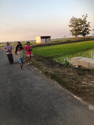 Four individuals, two adult women and two children, are walking along a paved road adjacent to a vibrant green rice paddy field under a pale orange sky. The woman on the far left wears a light purple hijab and a dark purple skirt, holding a plastic bottle. Next to her, a woman in a black hijab walks with her arm around the shoulder of a young boy. The boy, wearing a t-shirt with an orange collar and blue shorts, is running ahead. To the right of the boy, a young girl in a bright pink t-shirt and light pink shorts stands, looking forward. In the background, a small metal building with the word "DILARANG" (meaning "forbidden" in Indonesian) is visible. Two trees with sparse foliage stand to the right of the building, and a large concrete block lies at the edge of the rice field. The scene appears to be in a rural area of Sentul, Indonesia, likely during sunset given the sky's colors and lighting.