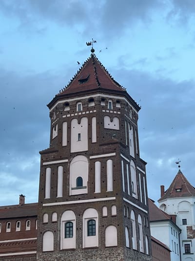 The image displays a prominent, multi-story octagonal tower, identified as a component of Mir Castle in Мірскі сельскі Савет, Belarus. The tower is constructed from dark red brick with contrasting lighter, likely whitewashed, architectural details such as vertical pilasters and decorative window surrounds. Its base transitions to stone masonry. A steep, red-tiled roof caps the tower, surmounted by a metallic weather vane depicting a bird. Numerous small, dark birds are perched along the ridges of the tiled roof, while several others are visible in flight around the tower. Portions of additional castle structures, including a smaller, white-walled tower with a red roof, are visible to the right, and other red-tiled rooflines are present to the left. The sky overhead is overcast with blue and grey cloud formations. No human subjects are present.
