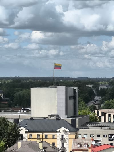 An aerial, eye-level shot captures a Lithuanian flag, horizontally divided into yellow, green, and red stripes, flying atop a flagpole. The flag is positioned above a large, rectangular building with a white facade, which appears to be a modern structure. To the right of this white building, a smaller, taller structure with a darker, textured exterior is visible. In the foreground, a collection of buildings with varied rooflines and architectural styles are clustered together. These buildings are painted in shades of gray, yellow, and brown, and feature visible windows, chimneys, and some satellite dishes. The background is dominated by a dense expanse of green trees, forming a treeline that stretches across the horizon. Above the treeline, a few distant buildings are faintly discernible. The sky is partly cloudy, with a mix of gray and white clouds interspersed with patches of blue sky. The overall scene suggests an urban environment with interspersed greenery, likely taken on a day with dynamic weather conditions. The specific location is identified as the City of Panevėžys, Lithuania.