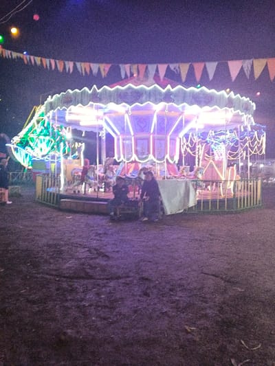 A carousel stands brightly lit in the dark. Multicolored lights outline the edges and hang in strings from the top. Bunting with colorful flags drapes above. Two figures stand near the base. The ground is dark and muddy. A partial figure stands to the left, possibly waiting.