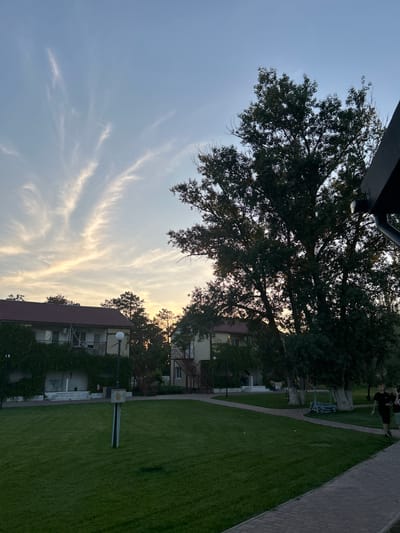 In Останинское сельское поселение, Ukraine, a twilight scene unfolds in what appears to be a residential or resort area. The sky displays a soft gradient of blue and yellow, with wispy white clouds forming an abstract pattern against the fading light. Dominating the right side of the frame is a large, dense tree with dark green foliage, its branches reaching towards the sky. In the mid-ground, several buildings with red-tiled roofs and light-colored facades are visible, partially obscured by greenery and other trees. One building on the left is heavily draped with vines. A well-maintained green lawn stretches across the foreground, with a paved walkway in the lower right corner. Two individuals, a young male in a black t-shirt and shorts, and another person partially visible, are walking on the walkway. A lamppost stands on the lawn near the center of the image. The overall atmosphere is tranquil and serene, characteristic of dusk in a suburban or rural Ukrainian setting.