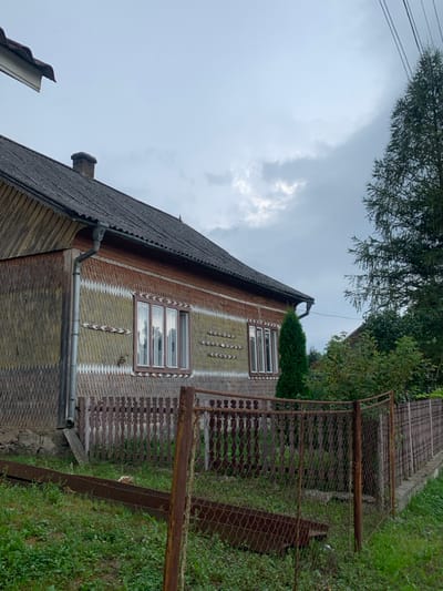 The image depicts a rural residential scene in Lazeshchyna, Ukraine, under an overcast sky. The primary subject is a two-story wooden house, viewed from its side. The house features a dark, corrugated roof with a visible chimney and a white gutter system along the eaves. The exterior walls are clad in overlapping wooden shingles, with the upper story displaying decorative patterns of lighter, possibly painted, wood shingles forming horizontal bands and chevron designs. Two multi-pane windows with brown frames are visible on this side of the house.

In the immediate foreground, a heavily rusted chain-link fence with square metal posts extends across the frame. Behind this, a weathered wooden picket fence is present. On the grassy ground within the fenced area, several long, rusty metal channels or beams are lying horizontally.

Vegetation includes a tall, dark green coniferous tree on the far right of the frame, a slender, conical evergreen shrub positioned closer to the house behind the fence, and various other green bushes and trees extending beyond the fences. The sky is uniformly overcast with visible cloud formations. No individuals or active subjects are present in the scene.