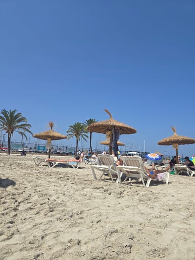 This is a medium-shot, eye-level, full-color photograph of a sandy beach with people lounging under thatched umbrellas in S'Arenal, Spain. The sky is clear and blue, with no clouds visible. The sand is light tan and textured with footprints and ripples. In the foreground, the sand dominates the lower half of the frame. In the mid-ground, several white plastic lounge chairs are arranged on the sand, some occupied by people. One person, wearing blue swim trunks, is lying on a lounge chair with their legs extended. Another person in a bikini is lying face down on a lounge chair under a thatched umbrella. Behind the lounge chairs, more thatched umbrellas and a few palm trees are visible. In the background, there is a harbor with numerous sailboats and yachts, and a fence separates the beach from the harbor. Several people are visible in the background, some walking and some sitting. The scene depicts a typical sunny day at a beach resort.