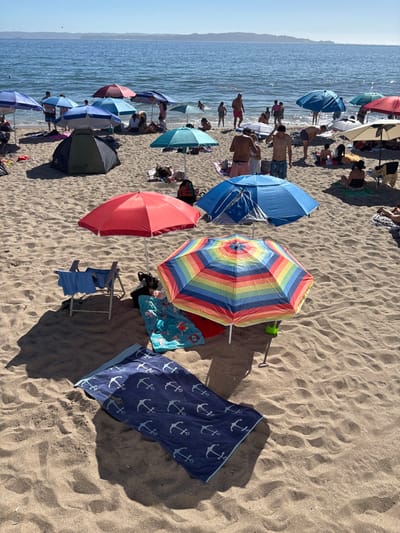 The image displays a crowded beach scene on a clear, sunny day in Tomé, Chile. The sandy beach is populated with numerous individuals and beach equipment. In the immediate foreground, a dark blue beach towel patterned with white anchors lies flat on the sand. Adjacent to it is an open, multi-colored rainbow-striped beach umbrella, with a small green spade positioned beneath it. A red beach umbrella is partially visible to the left, and a light blue folding beach chair with a blue towel draped over it stands nearby.

Further into the midground, a dark green tent is erected, surrounded by several other open beach umbrellas in colors including blue, red, turquoise, and gray. Approximately two to three dozen individuals are visible across the scene, engaged in various leisure activities. Some are seated or lying on towels under umbrellas, while others are standing on the sand or wading in the calm ocean water in the background. The attire observed consists primarily of swimsuits, shorts, and light clothing.

In the background, the ocean extends to a distant landmass or coastline beneath a clear blue sky. Bright sunlight illuminates the scene, casting distinct shadows from umbrellas and people onto the textured sand.