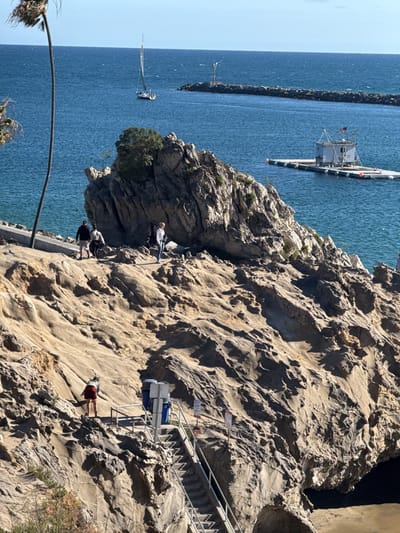 This media file captures a vibrant coastal scene in Newport Beach, United States, characterized by rugged rock formations and the expansive Pacific Ocean under a clear sky.

In the foreground and midground, massive, weathered rock outcrops dominate the landscape, exhibiting varied textures and shades of brown and beige. A long, thin palm tree trunk arcs gracefully into the upper left of the frame. Several individuals are present, exploring the rocky terrain. One person, dressed in a red top and dark shorts, is seen walking on a path carved into the rocks, positioned above a set of concrete stairs with metal handrails that descend into the lower parts of the formation. Further up on a large rock, a group of three to four people are walking near a small patch of green foliage, while another person in a light top and jeans stands nearby.

The bright blue ocean stretches into the horizon, with several notable features. A white sailboat with its main sail up is cruising across the water, moving away from the shore towards the right. In the distance, a long, rocky breakwater extends into the sea, with a small lighthouse or navigational beacon marking its end. Closer to the right, a white floating structure, possibly a harbor office or lifeguard station, complete with an American flag, is moored on the calm water.

Near the top of the visible stairs, two blue trash cans are present alongside a white signpost and several smaller signs. While specific text is difficult to discern, these appear to be warning signs or informational placards, one with a red border typically indicating caution or danger. The scene depicts a clear, sunny day, likely morning or afternoon, fostering a recreational and explorative atmosphere.
