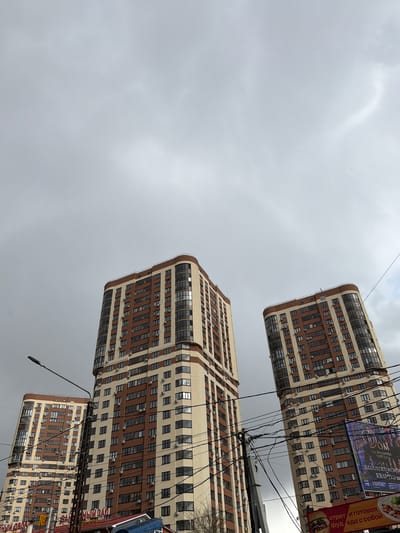 The image shows an upward view of three buildings against a cloudy gray sky. The buildings have a consistent architectural style, featuring light beige facades with horizontal rows of brown windows and brown accents. Utility wires are crisscrossing in front of the buildings and the sky. On the right side of the image, a street lamp, part of a banner, and additional signage are visible. Based on the context, the location appears to be in the city of совхоза "Воронежский", Russia.