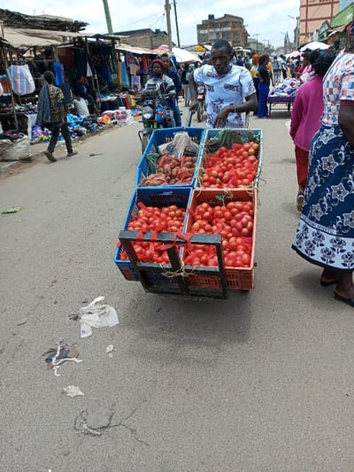 An outdoor market scene unfolds on an asphalt road in Tala ward, Kenya, under an overcast sky. In the foreground, a male vendor, wearing a white t-shirt with black patterns and dark pants, pushes a metal-framed handcart. The cart holds four plastic crates: one blue crate on the top left contains light brown tubers (likely potatoes or sweet potatoes), while the other three crates (one blue, two orange) are filled with red tomatoes, largely contained within red mesh bags. The vendor looks directly forward.

To the immediate right of the cart, the lower torso and legs of a woman are visible, clad in a dark blue skirt with a white floral pattern and dark flat shoes, moving rightward, away from the viewer. Behind the handcart, slightly to the left, a man on a green motorcycle is partially visible. Further back on the left, a person in a patterned long-sleeved shirt walks away from the viewer. The background reveals a busy market environment with multiple makeshift stalls featuring wooden frames and tarp coverings, displaying various goods, primarily clothing. Multi-story buildings are visible behind these stalls. Overhead utility poles and wires traverse the scene. The asphalt road surface is visible, scattered with miscellaneous litter including paper and plastic fragments.