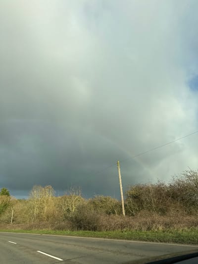 The image displays a rural roadside scene under an overcast sky. The upper two-thirds of the frame are dominated by dark grey, heavy cloud cover, against which a faint, arcing rainbow is discernible, spanning from the left-center towards the right. A small area of lighter, possibly broken cloud, is visible in the upper right. The lower third features a dark grey tarmac road, exhibiting a solid white edge line on the left and a partially visible dashed white center line further into the frame. A narrow green grass verge separates the road from a dense line of vegetation. This vegetation consists primarily of bare deciduous trees and shrubs, indicative of late autumn or winter, with some branches showing a light yellowish-green hue. A tall, slender wooden utility pole is prominently positioned on the right side, extending above the treeline, with a single dark utility wire stretching horizontally across the middle of the sky. No individuals, vehicles, or specific identifying landmarks are present. The scene is consistent with a rural road environment within the Breckland District, United Kingdom; however, a precise location within the district cannot be determined from the visual evidence.