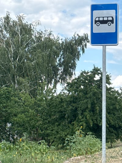 The image shows a bus stop sign in Shulhynka, Ukraine. The sign is blue with a white border and a black silhouette of a bus. The bus is depicted from the side, with its windows and wheels visible. The sign is mounted on a metal pole.
Behind the sign, there are trees and a cloudy sky. The trees are lush and green, suggesting it is summer or early autumn. The sky is partly cloudy, with patches of blue visible. The overall impression is one of a rural or suburban setting.
There is no activity or event taking place in the image; it is a still photograph of a bus stop sign. The time of day appears to be daytime, likely late morning or afternoon, given the lighting. The weather appears to be mild, with the sun occasionally breaking through the clouds. There are no people or animals visible in the image.
The image does not contain any visible text other than the symbol on the bus stop sign. The location is identified as Shulhynka, Ukraine. The scene is peaceful and ordinary, depicting a common roadside feature.