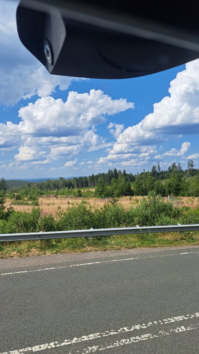 The image shows a landscape scene from a vehicle's perspective, looking out towards a forest and fields under a blue sky with white clouds. In the foreground, the asphalt road with white lane markings is visible, bordered by a metal guardrail and grassy embankment. The middle ground features a dry, grassy field with some scattered pink wildflowers, transitioning into a dense forest of evergreen trees. The background displays rolling hills and more distant trees. A dark, curved object, likely a vehicle's rearview mirror or a similar component, is positioned at the top of the frame. No people or animals are discernible in the image. The scene suggests a rural or semi-rural location. Based on the query, the location is identified as Burbach, Germany.