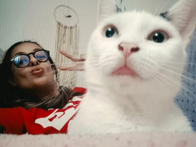 A woman wearing glasses and a red shirt with white lettering is in the foreground, making a kissing face. Next to her, a white cat with black markings on its head is in focus, looking directly at the camera. A dreamcatcher hangs on the wall behind them. The scene appears to be indoors, possibly in a home. There is no information about the location in Bridlington, United Kingdom.