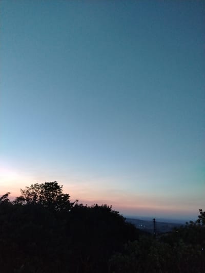 A vertical, medium-shot photograph captures a dusky sky above a silhouetted landscape. The sky transitions from a deep teal at the top to a pale blue near the horizon, with faint hues of pink and orange visible just above the treeline. The foreground is dominated by the dark silhouettes of dense trees and foliage, creating a stark contrast against the lighter sky. In the distance, a hazy view of hills and a few scattered lights suggest a sparsely populated area, possibly the city of Galaalti, Azerbaijan, given the context. A lone, slender structure, possibly a pylon or a distant tower, is faintly visible in the mid-ground, further emphasizing the vastness of the environment. No people or active events are depicted in the scene.