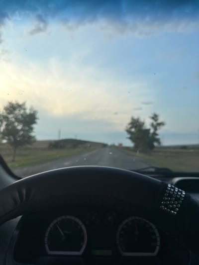 The image shows a view from inside a car, looking out through the windshield. The perspective is from the driver's seat, with the steering wheel and dashboard instruments in the foreground. The steering wheel is black and appears to be covered with a textured material, and it has a decorative band of silver studs on the right side. The dashboard shows a speedometer, with the needle indicating a speed somewhere between 0 and 20 km/h.
The view outside the car is a rural landscape. A paved road stretches into the distance, flanked by grassy fields. There are several trees visible on either side of the road, some of which are bare or sparsely leaved, suggesting it might be a cooler season or late in the day. The sky is a mix of blue and pale yellow, with scattered clouds, indicating either dawn or dusk. The overall impression is of a quiet, somewhat desolate rural setting, possibly in or around Iordanovca, Moldova, given the context. There are no people visible in the image.