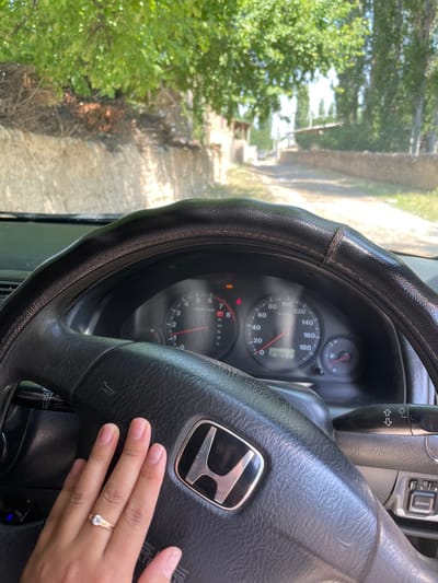 The image shows a view from inside a car, focusing on the steering wheel and dashboard, with a road and trees visible through the windshield. A person's left hand, adorned with a ring, rests on the steering wheel. The dashboard shows a speedometer and other gauges, with a digital odometer displaying "278917". The environment outside the car appears to be a rural or semi-rural setting with a dirt road, stone walls, and lush green trees. Based on the provided information, the scene is located in the city of Bujum, Kyrgyzstan.