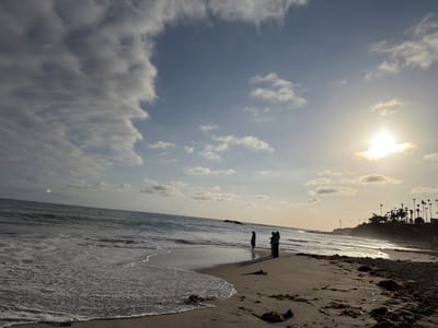 The image depicts a beach scene in Laguna Beach, California, United States of America, during what appears to be late afternoon or early evening. The sun is low in the sky, casting a bright glow and creating silhouettes.
The foreground shows a sandy beach with scattered seaweed. Gentle waves are washing ashore, creating white foam along the waterline.
In the midground, several figures are present. Two individuals are standing close together near the water's edge, appearing to be conversing or observing the scenery. Further down the beach, another solitary figure stands facing the ocean.
The background features the ocean stretching out to the horizon, with a few scattered clouds in the sky. Along the coastline, a treeline of palm trees is visible against the bright sky, indicating the presence of a developed area. The overall atmosphere is tranquil and serene.