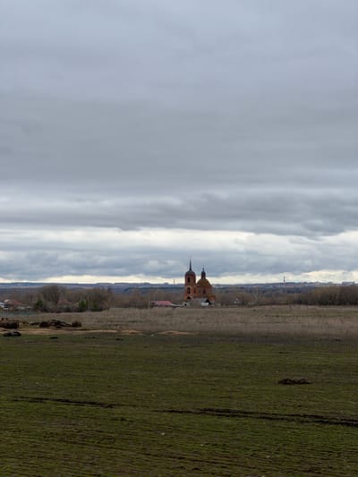The image displays a vast, overcast landscape oriented horizontally. The upper portion of the frame is dominated by a wide, grey sky filled with layered, streaky clouds, presenting a somber or muted atmosphere with soft, diffuse light.
In the foreground, a large expanse of green field, likely grass or early crops, stretches across the lower half of the image. Faint tire tracks or agricultural patterns are visible on its surface, particularly towards the right side where the green appears denser. Scattered brown patches interrupt the green, suggesting dry earth or sparse vegetation.
In the middle distance, a distinctive brick building with two spires or domes, resembling a church or monastery, stands out against the distant horizon. The building is constructed from reddish-brown brick. Surrounding this central structure, and extending along the horizon line, is a strip of bare trees, indicating a season without foliage, possibly late autumn or early spring. Beyond the trees, indistinct outlines of other small buildings suggest a distant village or settlement. Further away, on the far horizon, faint silhouettes of what could be taller buildings or industrial structures are barely discernible.
No people or discernible activity are present, contributing to a serene and still ambiance. The time of day appears to be daytime, under heavily overcast conditions, as evidenced by the lack of direct sunlight and strong shadows. The scene evokes a sense of rural quietness and the vastness of the countryside. No visible text is present in the image.