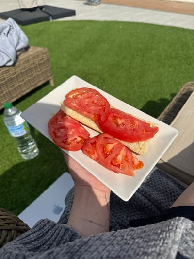 The image displays an outdoor scene, likely a private garden or patio, situated in Fuente Álamo de Murcia, Spain. A person's arm and lap are visible in the foreground, covered by a grey, knitted blanket or garment. The person is holding a white rectangular plate containing food. The plate holds two pieces of bread or toast, each topped with slices of red tomato, seasoned with visible white crystals (likely salt), and glistening with olive oil. Additionally, three irregular slices of red tomato are positioned directly on the plate. A faint linear mark is present on the person's left wrist. Partially visible beneath the blanket on the person's lap is a silver or white laptop with an Apple logo. To the left, a transparent plastic water bottle with a light green cap rests on a manicured green lawn. A dark brown wicker outdoor chair or lounge is positioned on the left, with a grey fabric item draped over it. A portion of a similar chair is visible on the right. The background consists of the green lawn, extending to a light-colored paved area. On the paving, a dark, flat, square object (possibly a furniture base) and a small, decorative pot are present. The scene is illuminated by bright natural sunlight, indicating daytime.
