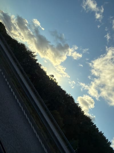 The image shows a tree-lined highway in Ödsmål, Sweden, under a bright blue sky with scattered white clouds. The sun is visible through a break in the clouds, casting a warm glow on the scene. The highway appears to be a multi-lane road with a guardrail separating the lanes. The trees are dense and dark, forming a thick forest along the side of the road. The ground is covered with asphalt, and there are white dashed lines marking the lanes. The image is taken from a slight angle, giving a sense of motion.