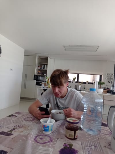 The image shows a young person with light brown hair, wearing a grey t-shirt, sitting at a table covered with a patterned tablecloth featuring lavender designs. The individual is holding a black mobile phone in one hand and appearing to prepare food with the other, which involves a jar of jam, a white bowl, and a container of what appears to be yogurt. A large water bottle also rests on the table.
In the background, a kitchen area is visible, featuring white cabinets and appliances, including a microwave and possibly an oven. A window provides natural light to the room, revealing plants and the exterior. Although the location is identified as Felgueiras, Portugal, the image provides no further information to confirm this or provide additional context about the place.
