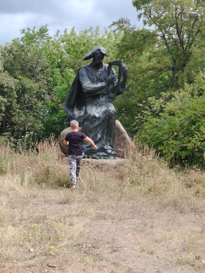 A full outdoor shot shows a boy wearing a black t-shirt and camouflage pants with orange trim running towards a large bronze statue. The statue is of a cloaked figure seated on a rock, playing a lyre. The scene is set in a field with dry grass and scattered yellow flowers. Behind the statue, lush green trees form a dense backdrop. The sky above is overcast. The boy is in the foreground, viewed from behind, with his left arm extended. The statue is in the mid-ground, and the trees and sky fill the background. The setting appears to be the monument to the poet and bard Vasyl Stus in Balyko-Shchuchynka, Ukraine.
