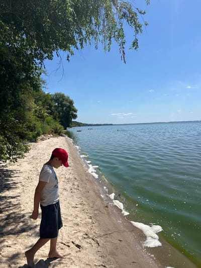 A young boy wearing a red baseball cap, white t-shirt, and dark shorts walks barefoot along a sandy beach. The beach is bordered by a dense line of green trees and foliage on the left and a large body of greenish-blue water on the right. The water has some white foam along the shoreline. In the distance, the water stretches to the horizon under a clear blue sky with a few wispy clouds. Several dark objects, possibly people swimming or floating, are visible further out in the water. The scene appears to be a natural, outdoor setting, likely a lake or a wide river, on a sunny day. The image is taken from a side profile of the boy, who is looking down.