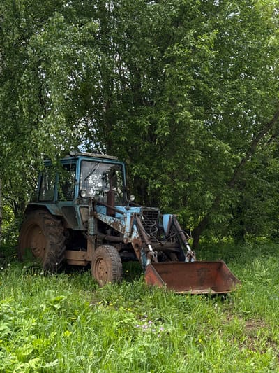 An aged, blue tractor with a front-end loader is partially obscured by a dense green tree on its left and overgrown vegetation on its right. The loader is rusted, and the tires are muddy. The setting appears to be a field or overgrown area. The image provides no confirming evidence that this is Medvedka, Russia.