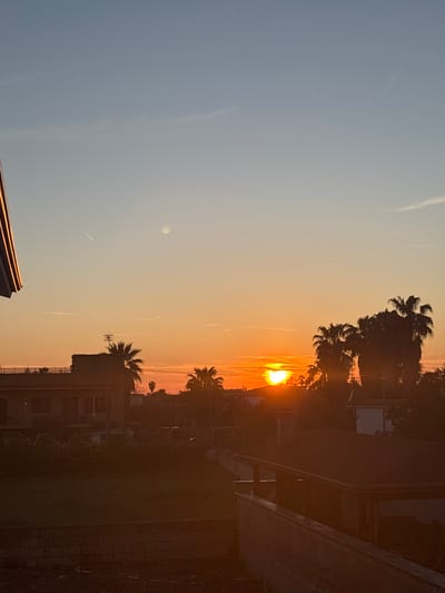 The image shows a sunset scene in what appears to be an urban area, possibly Giugliano in Campania, Italy. The sun is near the horizon, emitting a bright orange glow that lights the sky. The sky transitions from a light blue in the upper left to a warm orange near the horizon. Several wispy contrails are visible against the sky. Silhouetted against the sunset are palm trees and buildings. A brick wall is visible in the foreground. No people are visible.