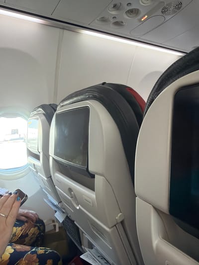 The image depicts the interior of an airplane cabin, likely during daytime given the bright light coming from the window. The perspective is from a passenger's seat looking upwards and slightly to the side. 

In the foreground, a person's hand with blue nail polish and a silver ring is visible, holding a smartphone. The hand is resting on what appears to be a floral-patterned fabric, possibly clothing or upholstery.

Above the hand, the backs of airplane seats are visible, stacked in a way that suggests multiple rows. One seat has a black leather trim, and another has a red and black headrest. The seats appear to be standard airline seating, with individual entertainment screens embedded in the back of each seat. One screen is dark and off, while another is on and displaying a dark image.

Further up, the overhead compartments and the ceiling of the cabin are visible. There's a circular air vent and a "No Smoking" sign with a red circle and slash through a cigarette. The lighting in the cabin appears to be a mix of overhead fluorescent lights and natural light from the window.

The overall scene suggests a typical flight experience. The bright light from the window implies it's daytime, and the view of the cabin interior points to an indoor setting within an aircraft. The presence of passengers' belongings, like the phone and patterned fabric, adds a personal touch to the otherwise functional cabin environment. There is no discernible text in the image beyond the "No Smoking" sign.