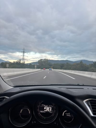 The image depicts a driver's perspective from within a vehicle traveling on a multi-lane highway near Châtenois, France. In the immediate foreground, a dark-colored steering wheel partially obscures the dashboard. The central digital display on the dashboard indicates a speed of "98" (likely km/h), with "PAUSE" and "CRUISE" indicators present, and an odometer reading of "128828KM". A range display on the right shows "440" (likely km). The lower portion of the windshield exhibits visible moisture or droplets.
The highway extends straight into the distance, featuring white lane markings and bordered by white concrete safety barriers on both sides. Green deciduous trees line the edges of the highway beyond the barriers. Ahead, two vehicles are visible in the distance: a red car in the left lane and a blue car in the right lane, both proceeding in the same direction. To the left of the highway, a tall metal lattice power line pylon stands against the horizon. In the background, rolling hills or mountains covered in dense vegetation are visible beneath an overcast sky filled with grey clouds. No individuals are explicitly visible.