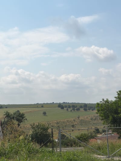 The image depicts a rural landscape in Prosena, Bulgaria. The foreground features tall, green grass and vegetation, with a metal fence and gate partially visible. Beyond the fence, a sloping field transitions into cultivated land with scattered trees. In the distance, a rolling countryside stretches towards the horizon, under a bright sky filled with scattered white clouds. The scene appears to be a serene, natural environment, likely a farm or agricultural area. No people or animals are clearly discernible in the image.