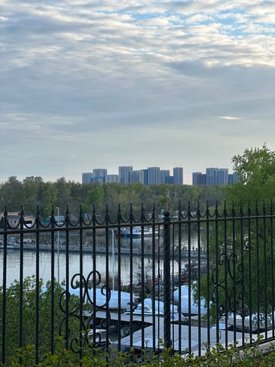 A view through a wrought-iron fence shows a waterway with boats and a cityscape beyond. The sky above is cloudy. The fence is black with decorative scrolls. Green foliage partially obscures the fence. The waterway reflects light and the outlines of boats. In the distance, several tall buildings line the horizon, suggesting a city. The image is oriented vertically. It is impossible to determine the location in Kuleshovka, Russia, from the image alone.