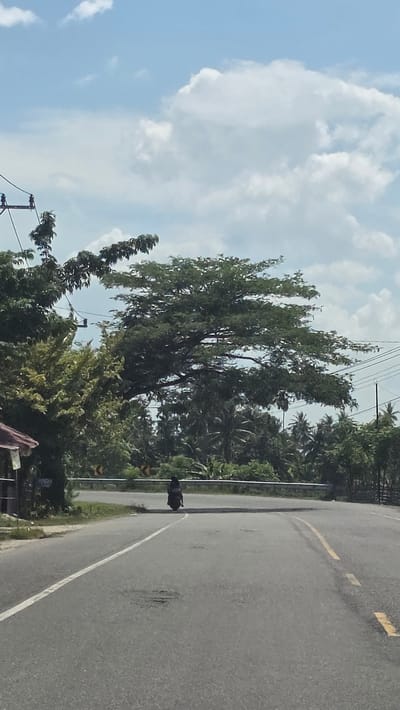 The image shows a partially cloudy sky above a scene in Bale Musara, Indonesia. A two-lane paved road runs through the scene. On the right side of the road is a white line marking the lane. A motorcyclist is visible on the right shoulder of the road. The scene is bordered by lush greenery including trees, shrubs, and coconut palms. Power lines are visible in the upper portion of the frame.
