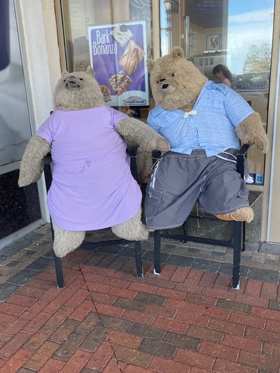 This image captures two large, anthropomorphic teddy bear-like figures seated in black metal chairs on a brick sidewalk in front of a storefront. The location is Crazy About Chocolate Factory, situated at 10 Broad Street, Long Branch, New Jersey, United States.

The figure on the left, with light brown fur, wears a solid lavender short-sleeved garment resembling a dress or long top, with a gathered detail on the back. Its mouth is slightly open, and its gaze is directed forward. The figure on the right, also with light brown fur and distinct orange eyes, is attired in a light blue short-sleeved button-up shirt and dark grey cargo shorts. This figure appears to be looking slightly to its right. Both subjects are substantial in size, filling their respective chairs.

Behind the figures, a glass storefront window displays a poster for "Bark Bonanza" from "Crazy About Chocolate Factory," advertising various chocolate bark products. Reflections on the window show elements of the outdoor environment, including a bright sky and a distant, partially obscured human figure. The foreground consists of multi-toned red, brown, and dark grey paving bricks arranged in a herringbone pattern. The scene is illuminated by bright daylight.