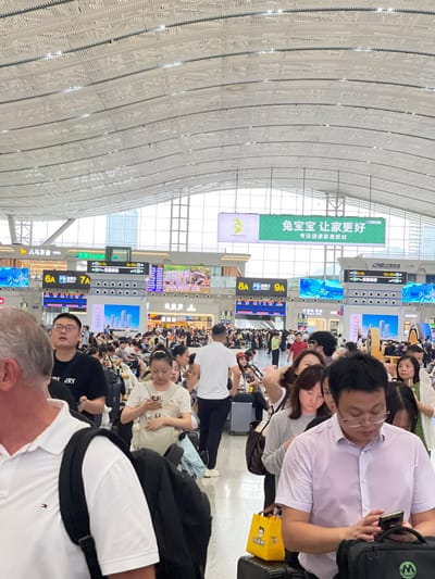 This media file captures a busy scene inside a modern transportation hub, likely a train station or airport in Longhua District, China, judging by the visible text. The image is oriented vertically, with the ceiling structure dominating the upper portion and a crowd of people filling the lower half.
The ceiling is a prominent architectural feature, made of a white, latticed material that curves upwards, suggesting a large, open space. Large digital display boards are visible throughout the scene, showing train or flight information, advertisements, and time schedules, indicated by text like "8A", "9A", "6A", and "2A-7A". One prominent green banner displays Chinese characters, likely an advertisement for "兔宝宝" (Rabbit Baby), promoting healthy home building materials. Other visible text includes "ICBC" (Industrial and Commercial Bank of China) and "CRF中铁快运" (China Railway Express).
A large crowd of people are seen waiting, many seated on chairs or on the floor, suggesting a period of delay or high passenger volume. They appear to be a mix of ages, with individuals looking at their phones, talking, or resting. The atmosphere appears to be one of typical travel congestion, with a sense of hurriedness mixed with patience. The lighting suggests it's daytime, with natural light filtering in from above. Some individuals are carrying luggage, further reinforcing the travel context. The overall impression is a snapshot of daily life and transit in a bustling urban environment.