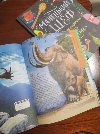 The image shows an open book with illustrations and text. The book is on a wooden table. The left page features a drawing of a giant deer, with text in a white box to the left of the illustration, stating "ГИГАНТСКИЙ ОЛЕНЬ" (Giant Deer), "Эпоха: плейстоцен" (Epoch: Pleistocene), "Длина: 3 метра" (Length: 3 meters), and "Место: Европа, Азия." (Location: Europe, Asia.). The right page has an illustration of a mammoth and its calf. Above the mammoth illustration, the text reads "Мастодонт" (Mastodon). The text beneath discusses mastodons, their history, and characteristics.

The book in the background, slightly out of focus, has a title that appears to be in Russian and features whimsical illustrations, including a tomato, a wooden spoon, an avocado, and a milk bottle with a cow image. The spine of this background book is visible, with text in Russian, one part of which reads "че рецепты" (recipes). Another book is partially visible to the right of the main open book, with colored edges and Russian text, including "ЗАВОЕВАНИЕ СУШИ" (Conquest of Land) and "КТО ТАКИЕ ДИНОЗАВРЫ?" (Who are Dinosaurs?). The scene is well-lit, suggesting indoor lighting or a bright day. The overall impression is that of a child's educational book about prehistoric animals and possibly related topics like history and recipes.