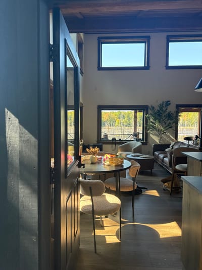 The image displays an interior view of a modern living and dining space located in Otego, United States, captured from a doorway on the left. The room features high white walls, dark wood flooring, and an exposed dark wood beam ceiling.
In the mid-ground, a round, dark-surfaced dining table is visible, surrounded by three light-beige, textured chairs with dark metal legs. On the table, a small white vase holds dried foliage, and a multi-colored, possibly woven, bowl contains fruit. A black backpack rests on the floor under one of the chairs. Direct sunlight streams into the room, creating distinct shadows of the chairs on the floor.
The background reveals a living area with a dark brown leather sofa and two light-beige armchairs. A small, round coffee table with a ribbed base sits between the sofa and an armchair, holding what appear to be books or magazines. A tall, artificial green plant stands between the sofa and a large window. This window, along with two smaller rectangular windows positioned higher on the wall, overlooks an outdoor scene with deciduous trees displaying autumn foliage in yellows and oranges, alongside numerous vertical bare structures resembling vineyard posts. A pair of black binoculars rests on the windowsill. Two upper windows show a clear blue sky. A dark-colored pendant light fixture is partially visible on the upper right, and a light-toned kitchen island or counter is partially seen on the far right. No individuals are discernible within the scene.