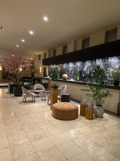 The image shows the interior of the "Grapes House of Wines" at the Radisson Blu Hotel in Genk, Belgium. The space features a black wall with white vine and bottle illustrations and the name of the establishment. There are indoor plants and candles on wooden plinths along the wall. A seating area includes a wooden table, light purple chairs, and an ottoman. A faux cherry blossom tree is visible at the back of the room, with additional seating areas beyond. The floor is made of light-colored tiles.