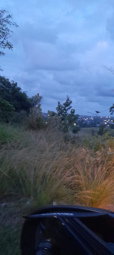 The image shows a landscape at dusk or dawn in what may be Meunasahteungkudigadong, Indonesia. A dark object, likely a car based on its shape, is in the right foreground. Overgrown vegetation, including tall grass and trees, occupies the center. In the background, indistinct lights suggest a distant cityscape. The sky is cloudy.