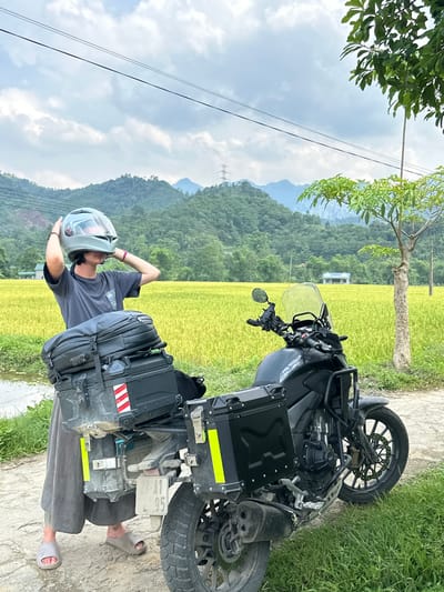 A person stands beside a black adventure motorcycle on a dirt path in a rural, mountainous landscape, likely Ngọc Đường Commune, Vietnam. The individual, dressed in a dark t-shirt, dark pants, and grey flip-flops, wears a light grey full-face helmet and appears to be adjusting it or their hair with both hands. A black backpack is securely strapped to the rear seat of the motorcycle, which is also fitted with black side panniers.
The scene is set against a backdrop of vibrant golden-yellow rice fields, indicating harvest season, that stretch towards a range of lush green mountains in the distance. A small, light-colored building or house is visible amidst the rice fields further back. The sky above is partly cloudy but bright, suggesting daytime. Overhead, power lines traverse the frame, and parts of trees with green foliage are visible in the foreground and mid-ground.
Notable details on the motorcycle include yellow and red/white reflective strips on the side panniers. The motorcycle's rear license plate reads "11-M1 950.08". The person's flip-flops have the letters "Re" visible on the strap. The overall impression is one of a scenic journey through an agricultural, mountainous region.