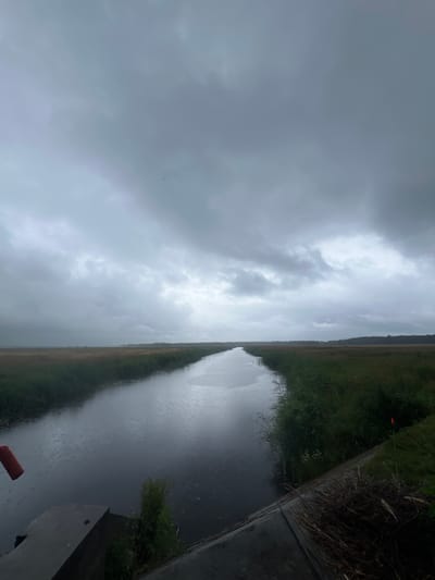 The image depicts a grey, overcast sky over a body of water, likely a river or canal, bordered by green grass and vegetation. The scene is oriented vertically, as if the camera was held sideways. The water's surface is disturbed by what appear to be raindrops, indicating it is raining. The sky is filled with heavy, dark clouds, suggesting a gloomy or stormy atmosphere. On the right side of the frame, a concrete embankment or path runs alongside the water. In the distance, a line of trees is visible on the horizon. The overall impression is one of a natural, outdoor setting in Lapaliai, Lithuania, experiencing inclement weather. There are no people or distinct objects of interest visible, other than what appears to be a piece of orange fishing float near the top right, and a hint of red object at the bottom right of the image. The time of day is difficult to ascertain due to the overcast conditions, but the lighting suggests it is daytime. The mood is somber and muted, reflecting the weather.