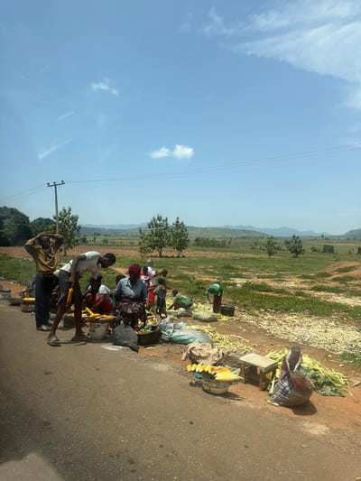 The image depicts a rural roadside scene near Nandu, Nigeria. A group of approximately 10 people are gathered along the edge of a paved road, seemingly processing or selling corn. There are piles of corn husks, kernels, and whole cobs. Some individuals are seated on or near bags and containers, while others are standing. The terrain beyond the road is a mix of dry fields with scattered vegetation and distant hills. Power lines are visible against a clear blue sky.