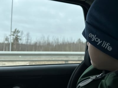 A child is observed from the right side of their head and upper torso, seated within a vehicle and looking out a side window. The child wears a dark blue knit beanie with the phrase "enjoy life" embroidered in white text on the visible brim. A dark green zippered jacket with a light grey zipper is visible on their torso. The interior of the vehicle shows a black car door panel and part of a car seat. Through the vehicle window, an overcast sky occupies the upper frame. Below the sky, a distant treeline of mostly barren or sparsely foliated trees is visible. A light-colored double-barreled guardrail extends horizontally across the midground. A single vertical grey pole is present on the far left. The scene is located on a road outside Kosherovo, Russia.