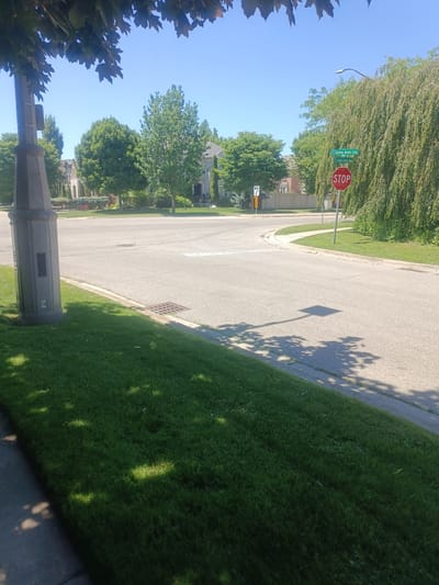 This media file depicts a street intersection on a clear, sunny day. The scene features a paved road with clear lane markings and a storm drain. Lush green grass borders the road, with dappled sunlight casting shadows from overhead foliage. In the background, residential houses with manicured lawns and trees are visible, suggesting a suburban setting.

Prominently featured on the right side of the image is a red stop sign, accompanied by street signs indicating "Spring Azure Cres" and "Great Lakes Blvd". A tall, modern streetlamp stands near the stop sign, and a lamppost or monument is visible on the left side of the frame. Further down the road, a yield sign with a reflective black and yellow striped warning sign is present. The overall atmosphere is peaceful and serene, indicative of a quiet summer day in a residential neighborhood. No people are visible in the frame. The time of day appears to be late morning or early afternoon, based on the angle of the sun and the quality of the light. The location is identified as Oakville, Canada.